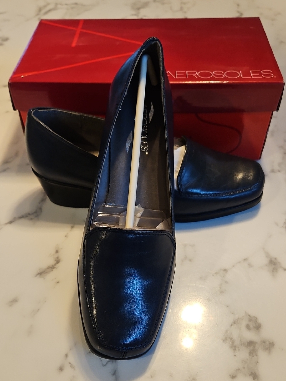 AEROSOLES Black Leather Low Wedge Loafers